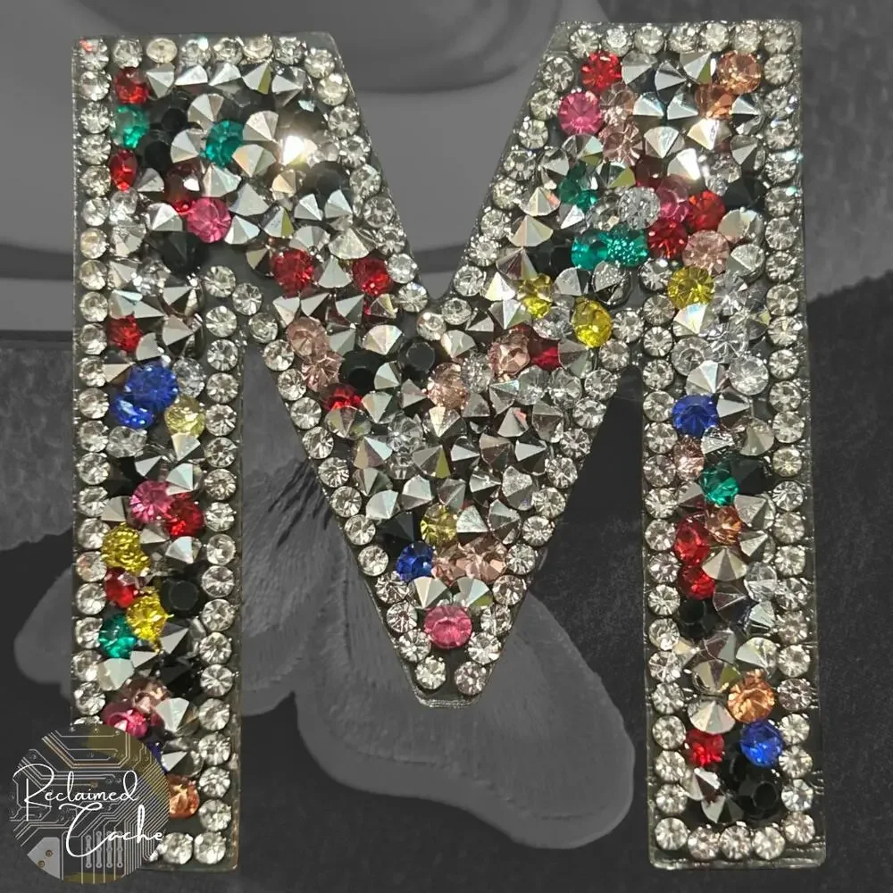 Letter M Multicolor Rhinestone Iron On Patch
